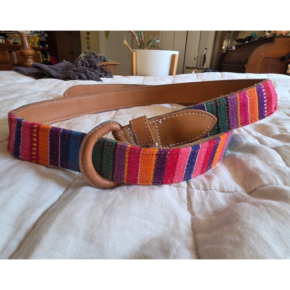Handcrafted Striped Fabric Woven Leather Belt Women 3X Multicolor Boho Guatemala